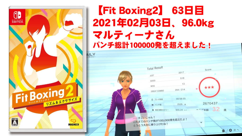 【Fit Boxing2】 633日目、2021年02月03日、96.0kg マルティーナさん。パンチ総計100000発を超えました！