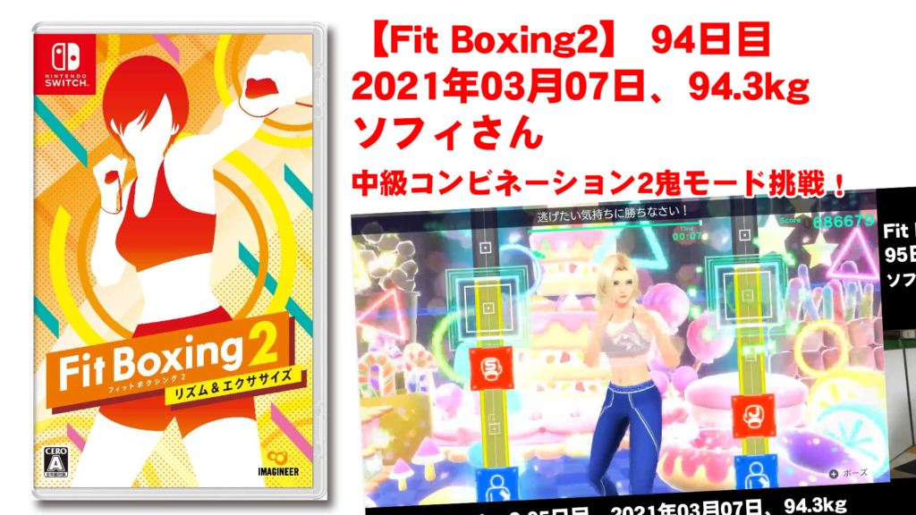 【Fit Boxing2】95日目、2021年03月07日、94.3kg ソフィさん　中級コンビネーション2鬼モード挑戦！